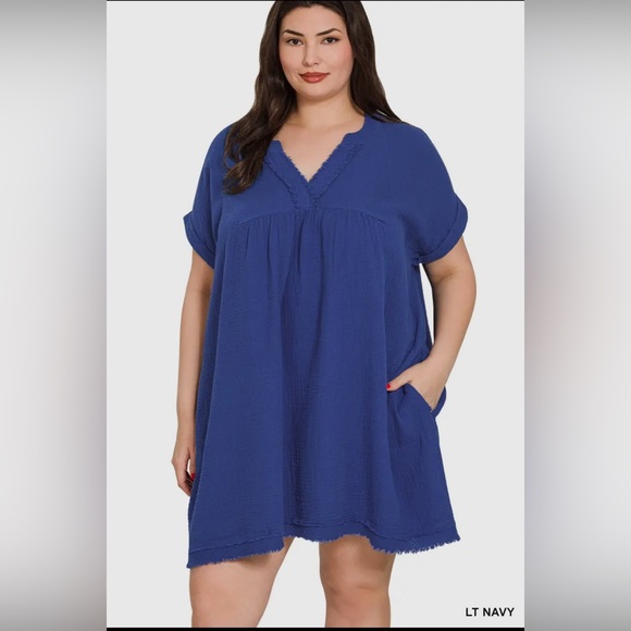 Zenana Outfitters Other - Zenana Double gauze raw edge v-neck dress - plus size